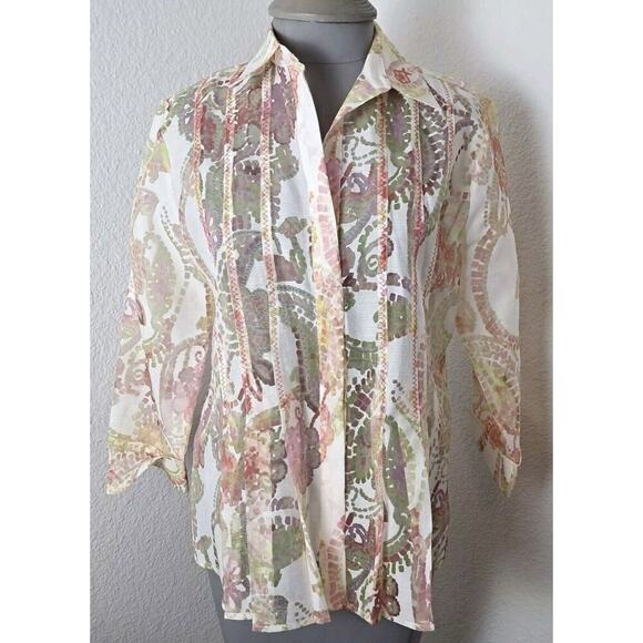 Coldwater Creek PXS Button Front Blouse Semi Sheer 3/4 Sleeves Pleats Collar - Picture 1 of 5